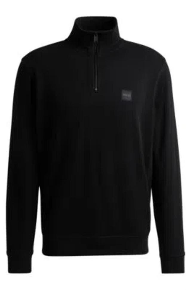 Cotton-terry Zip-neck Sweatshirt With Logo Patch In Black Product Image