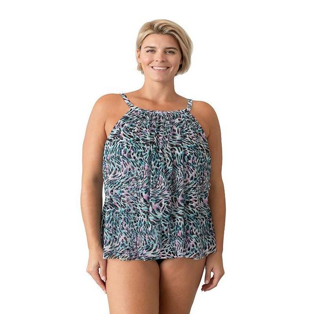 Plus Size Del Raya Hi-Neck Mesh Waterfall Tankini Top, Womens Product Image