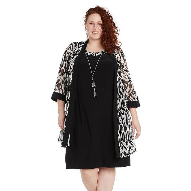 Plus Size R&M Richards 3-Piece Puff Print Mesh Jacket & Jersey Swing Dress with Detachable Necklace, Womens Product Image