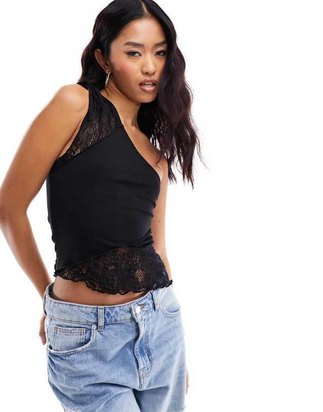 ASOS DESIGN spliced lace top with gathers in black Product Image