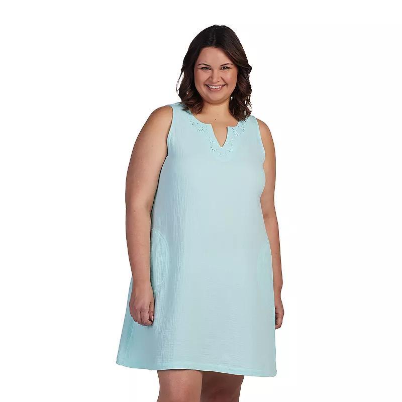 Plus Size Miss Elaine Essentials Crinkle Gauze Sleeveless Notch Neck Short Nightgown, Womens Green Product Image