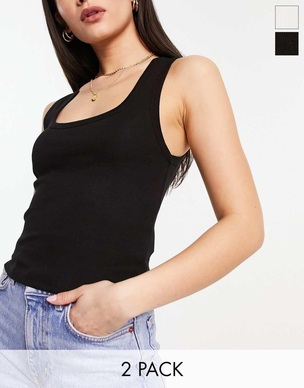 Bershka ribbed cropped tank top 2 pack in black and white product image