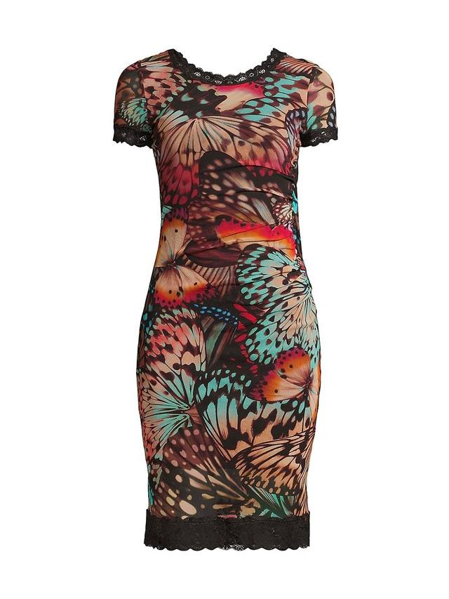 Womens Abito Butterfly-Print Lace-Trimmed Mesh Minidress Product Image