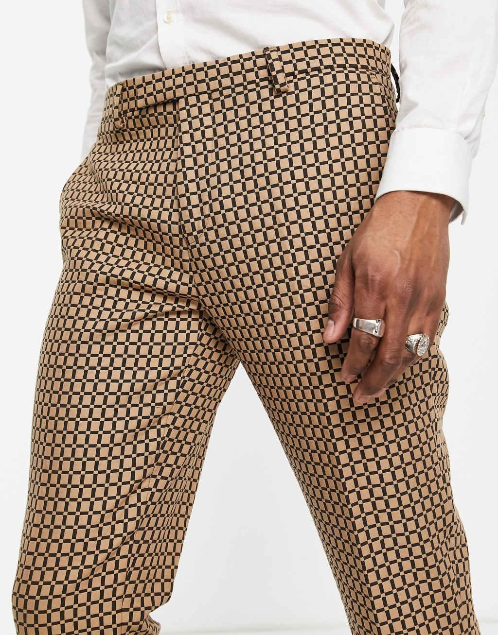 Twisted Tailor Malto skinny suit pants in light brown micro check Product Image