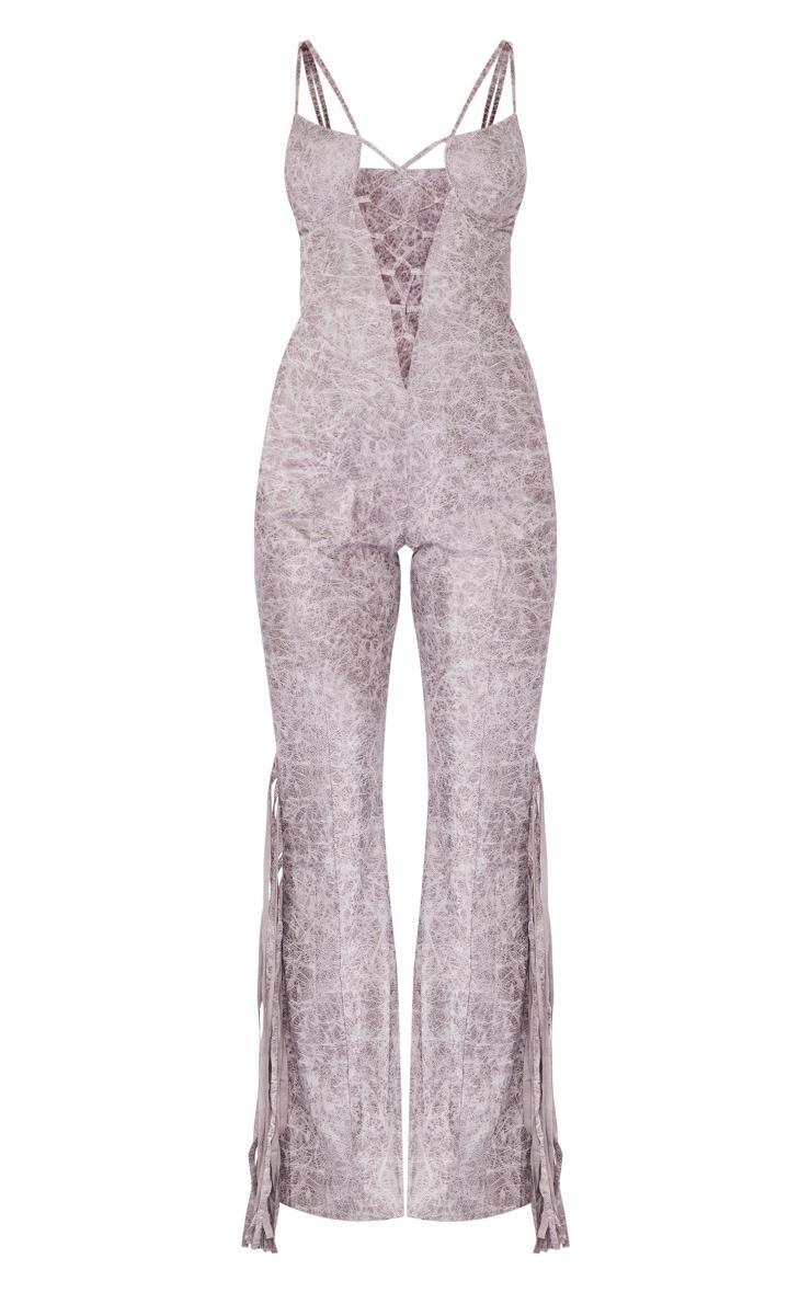 Grey Distressed PU Lace Up Detail Tassel Flared Jumpsuit Product Image