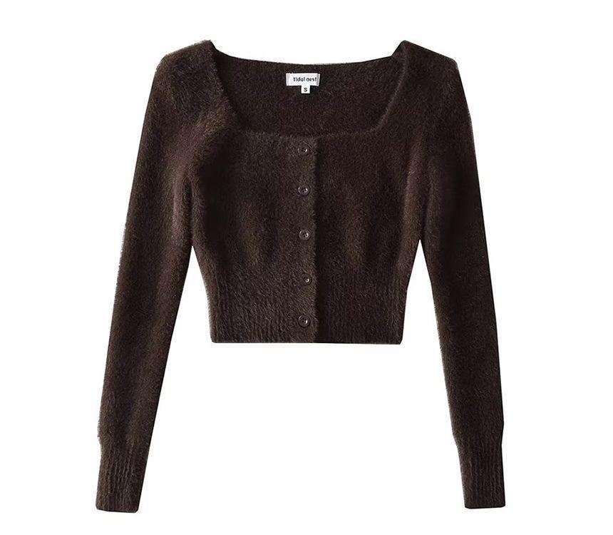 Long-Sleeve Square Neck Plain Button Crop Knit Top Product Image