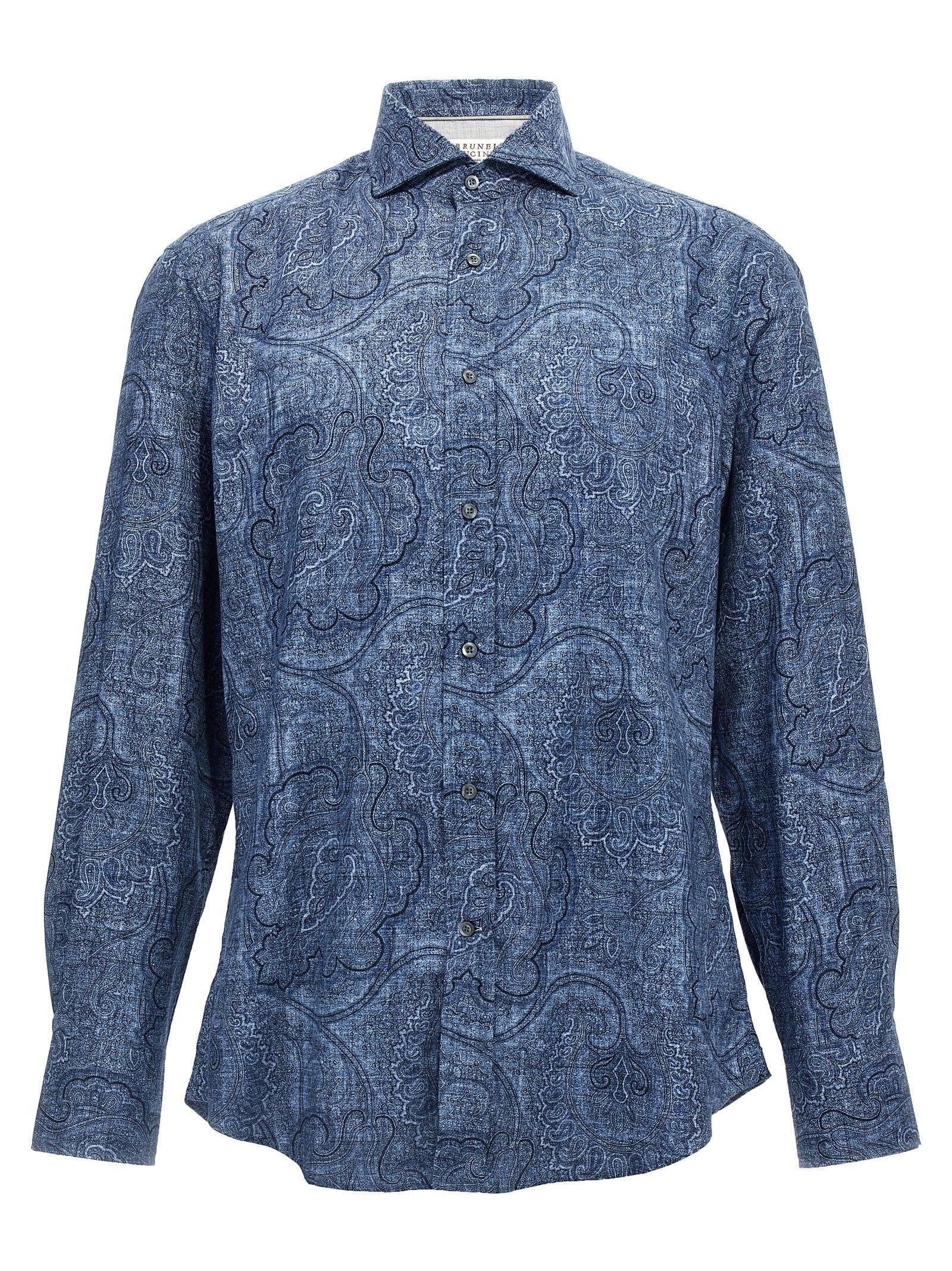 BRUNELLO CUCINELLI Paisley Patterned Button-down Collar Shirt In Blue Product Image