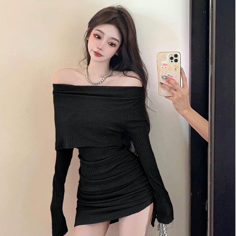 Off-Shoulder Long-Sleeve Plain Ribbed Drawstring Mini Knit Dress Product Image