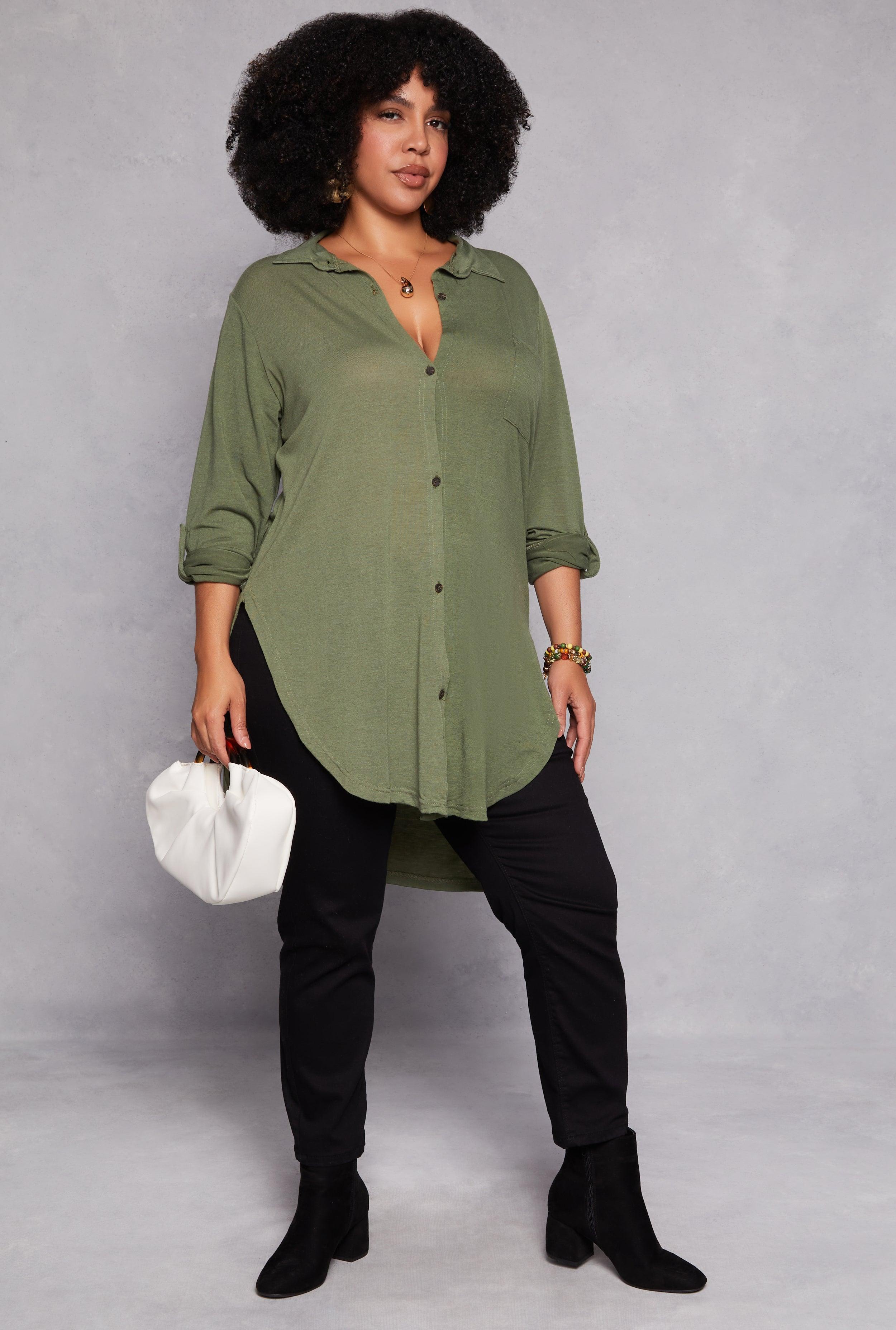 Plus Size Tabbed Sleeve Button Front Tunic Shirt Female Product Image