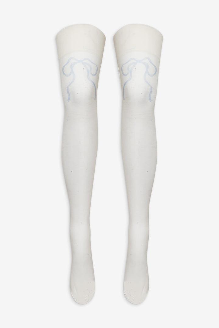 Bow Printed Thigh-High Socks — White Product Image