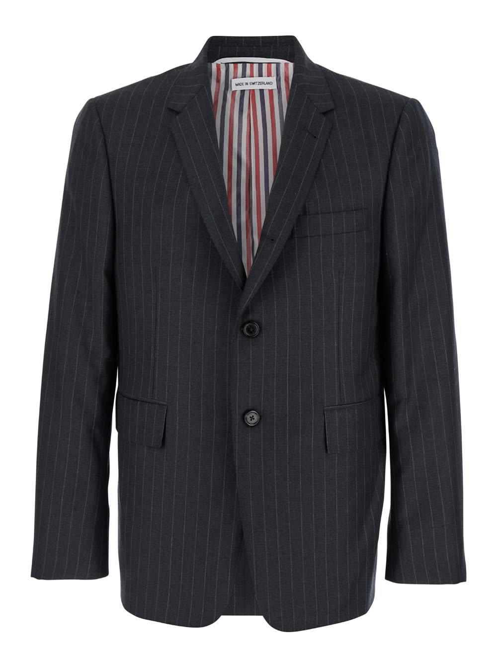 Grey Pinstripe Single-breasted Jacket In Wool Man Product Image