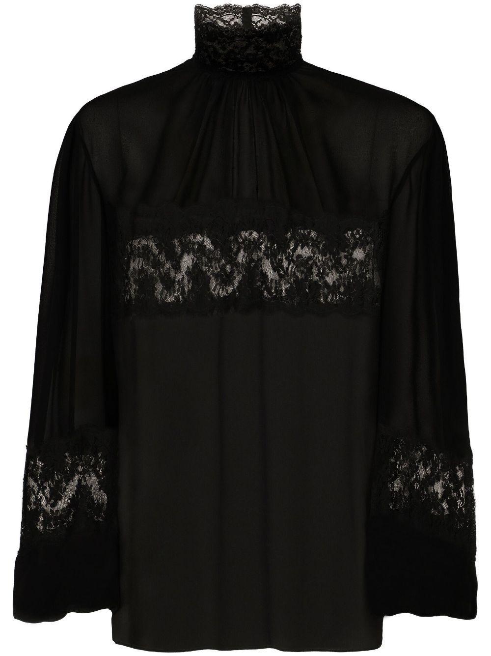 Floral Lace-detail Semi-sheer Shirt In Black Product Image