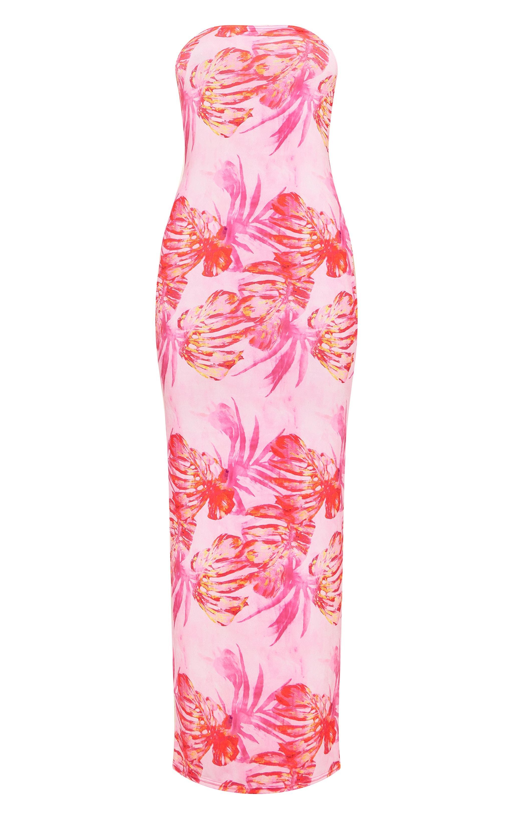 Pink Printed Slinky Bandeau Maxi Dress Product Image