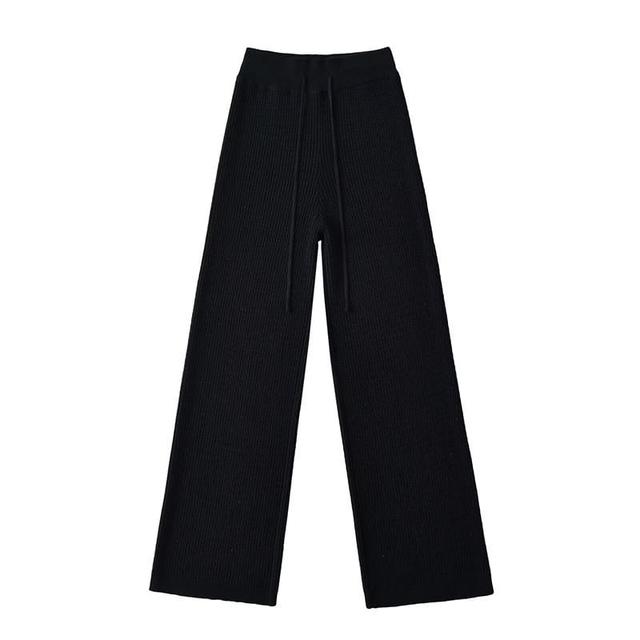 High Rise Plain Ribbed Wide Leg Pants Product Image