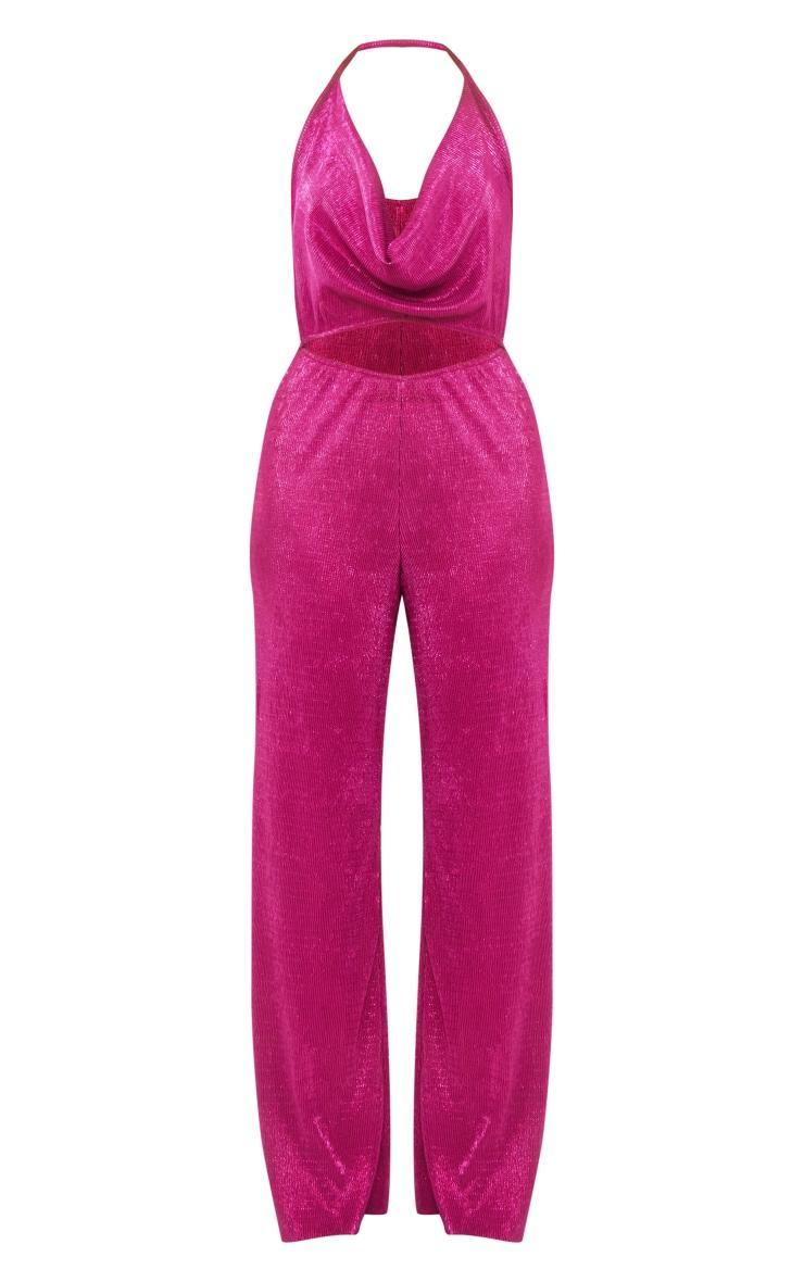 Pink Glitter Plisse Halterneck Cowl Cut Out Wide Leg Jumpsuit Product Image