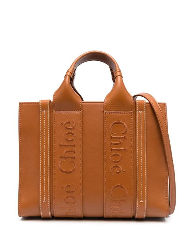 Woody Midi Leather Tote Bag In Cammello Product Image