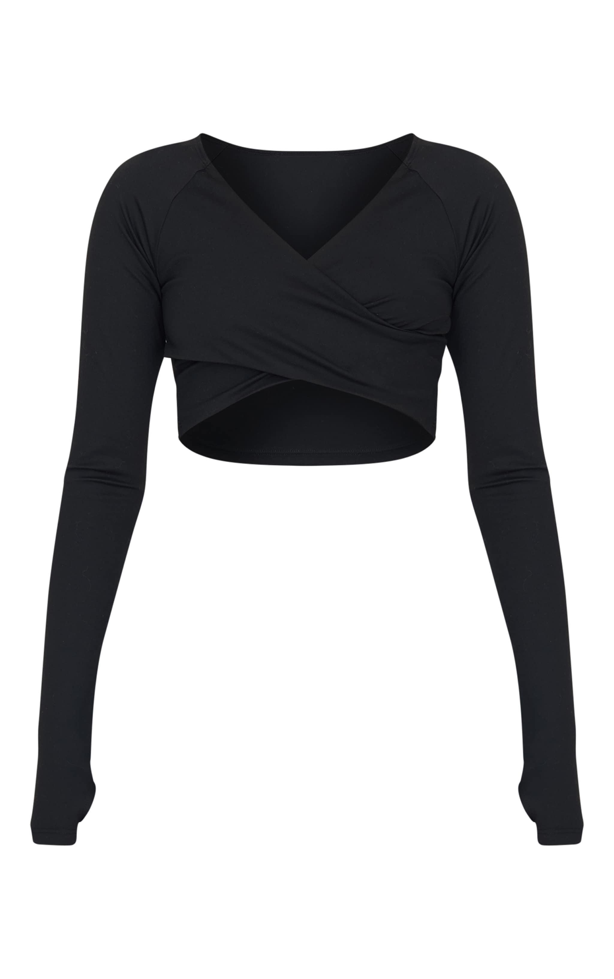 PLT SPORT Deep Black Sculpt Crossover Long Sleeve Gym Crop Top Product Image