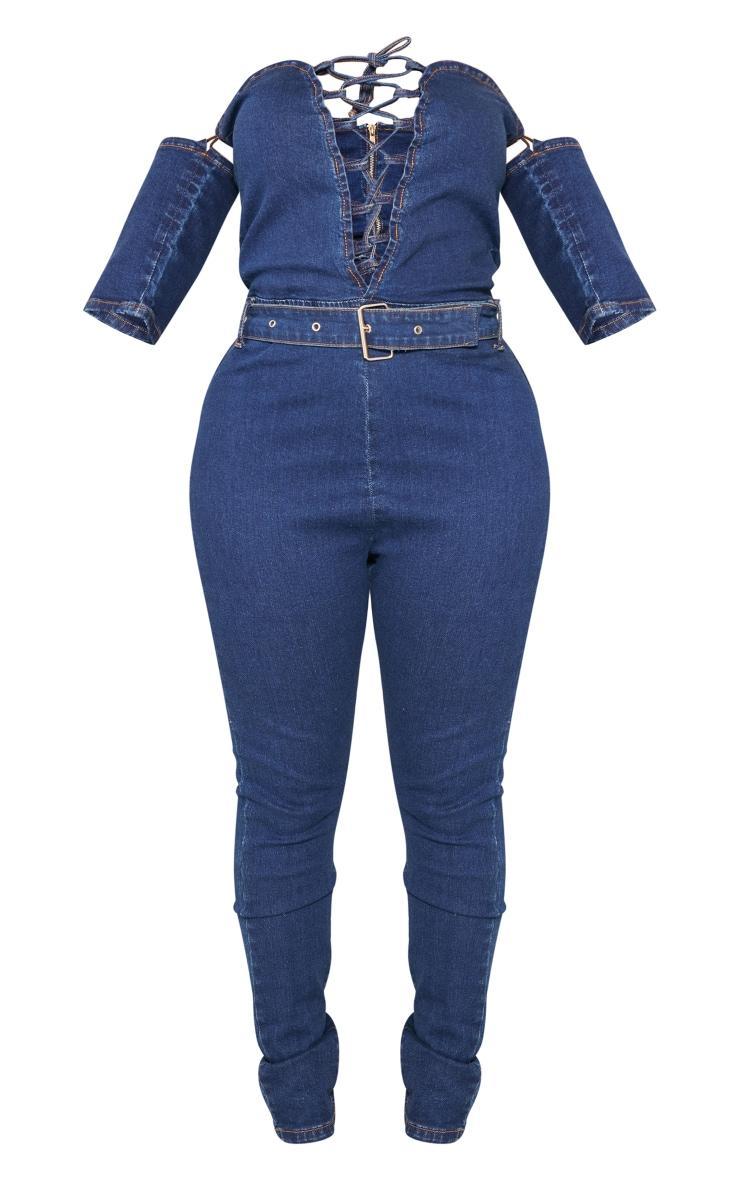 Shape Mid Blue Wash Lace Up Bardot Stretch Denim Jumpsuit Product Image