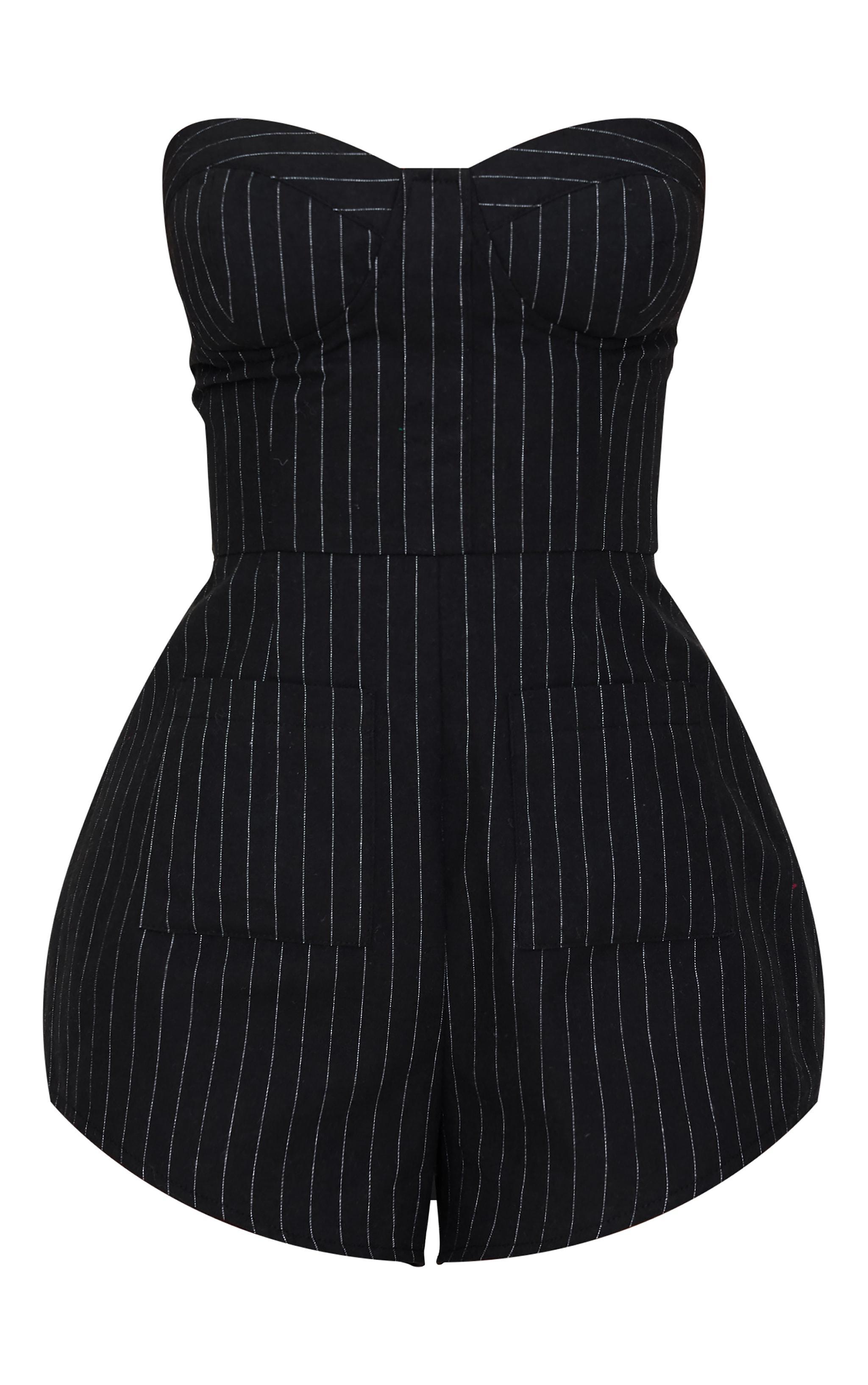 Petite Black Pinstripe Woven Bandeau Romper Product Image