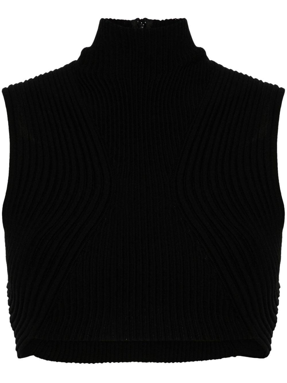 Ribbed-knit Wool Crop Top In Black Product Image