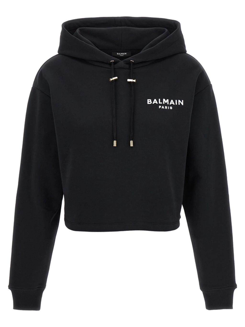 BALMAIN Flocked Logo Cropped Hoodie Sweatshirt In Multicolor Product Image