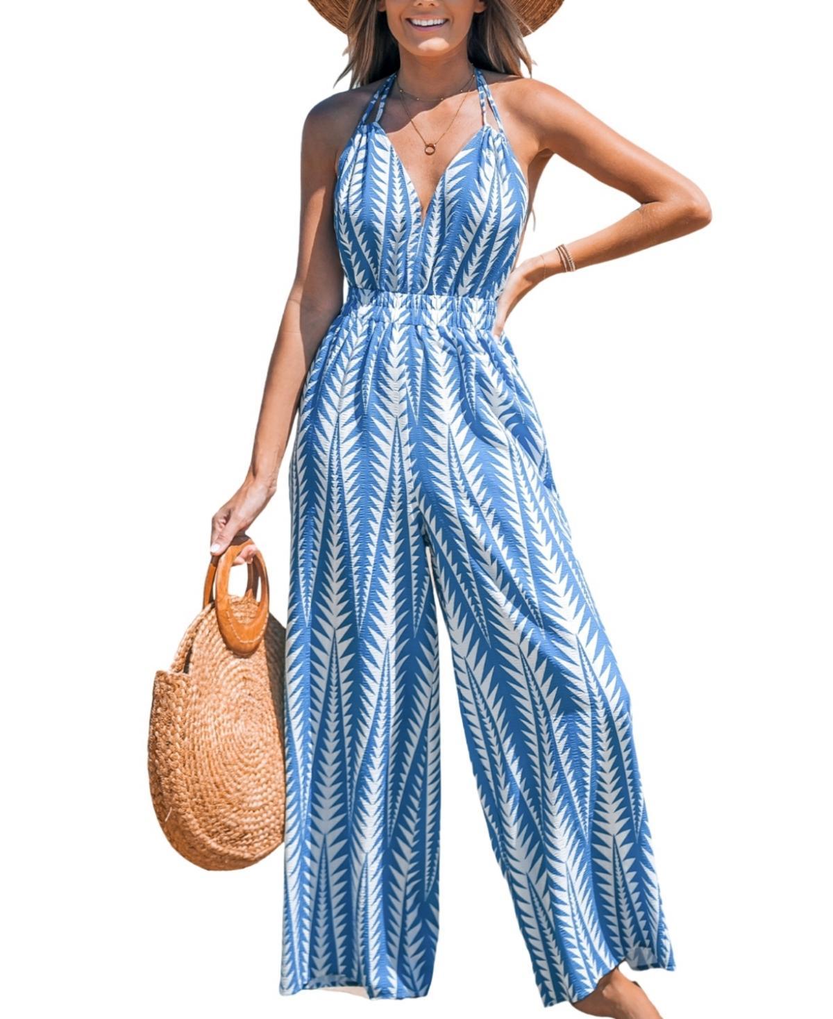 Cupshe Womens Blue Geo Sleeveless Straight Leg Jumpsuit Product Image