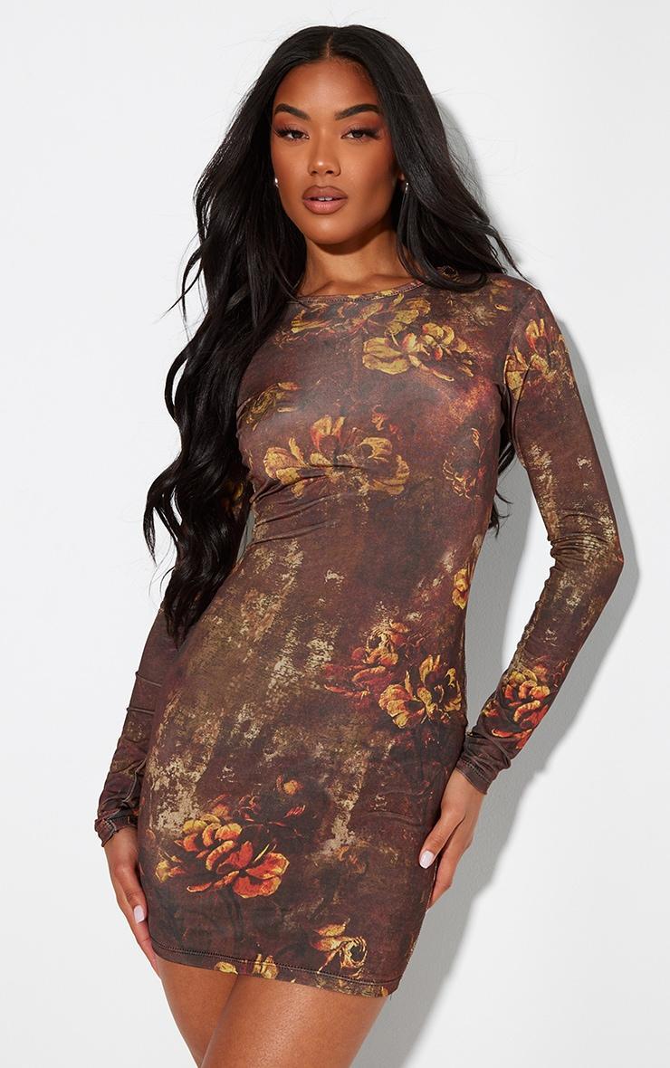 Brown Floral Print Long Sleeve Mini Dress Product Image