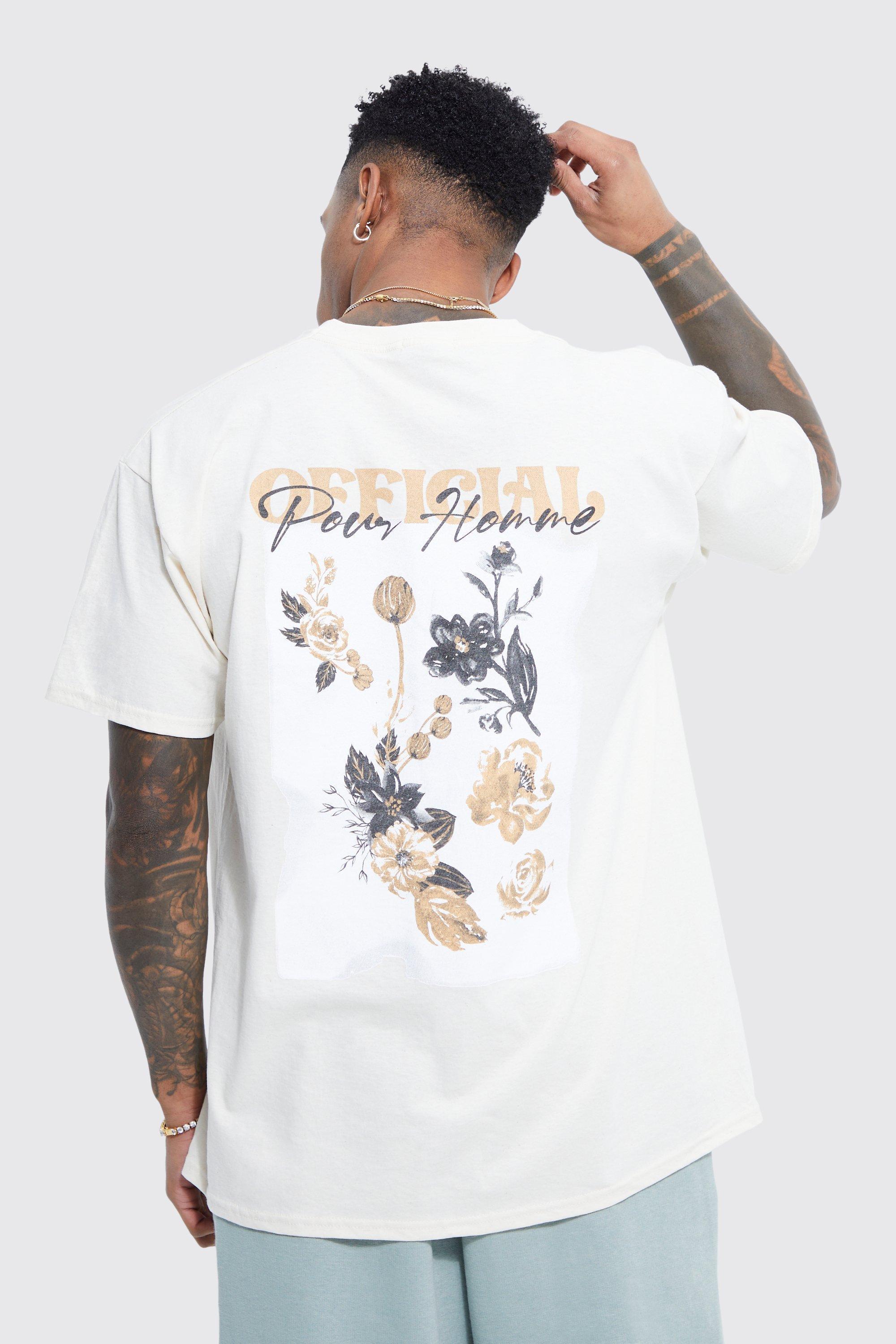 Mens Cream Oversized Floral Graphic T-shirt, Cream Product Image