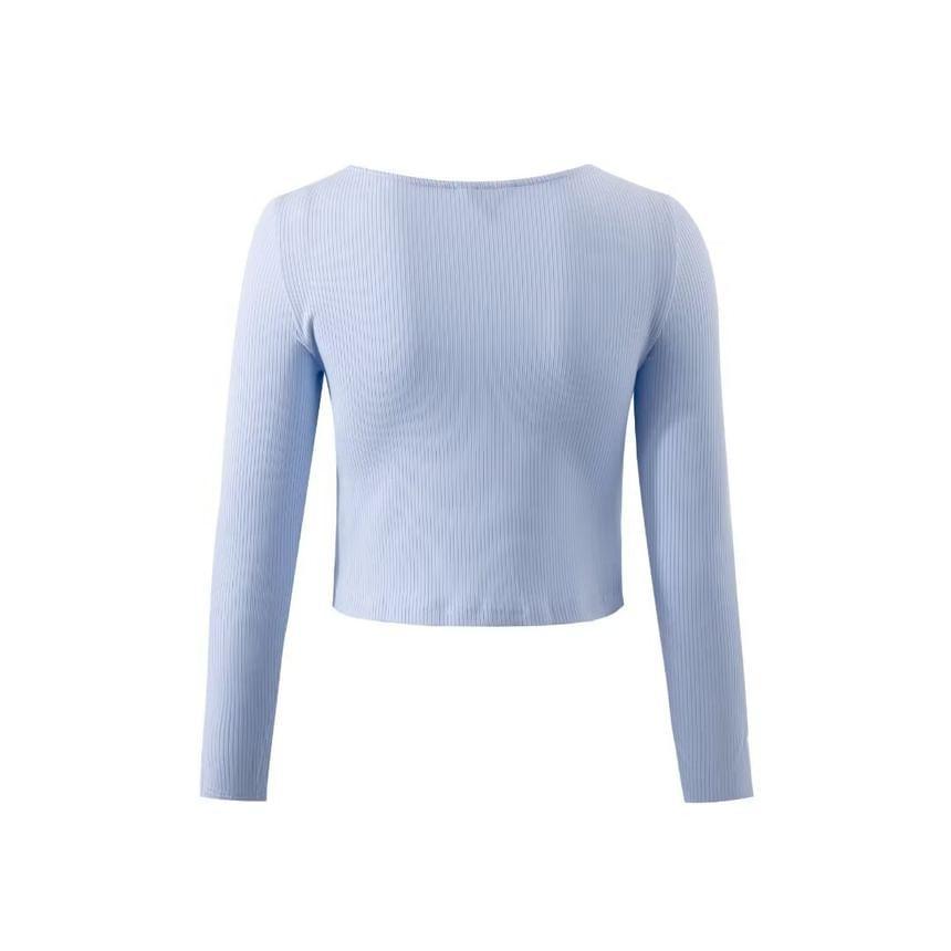 Long-Sleeve V-Neck Plain Knotted Ribbed Knit Top Product Image