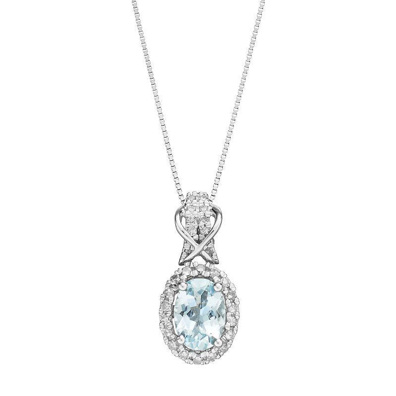 Gemminded 10k White Gold Aquamarine & 1/6 Carat T.W. Diamond Halo Pendant Necklace, Womens Blue Product Image