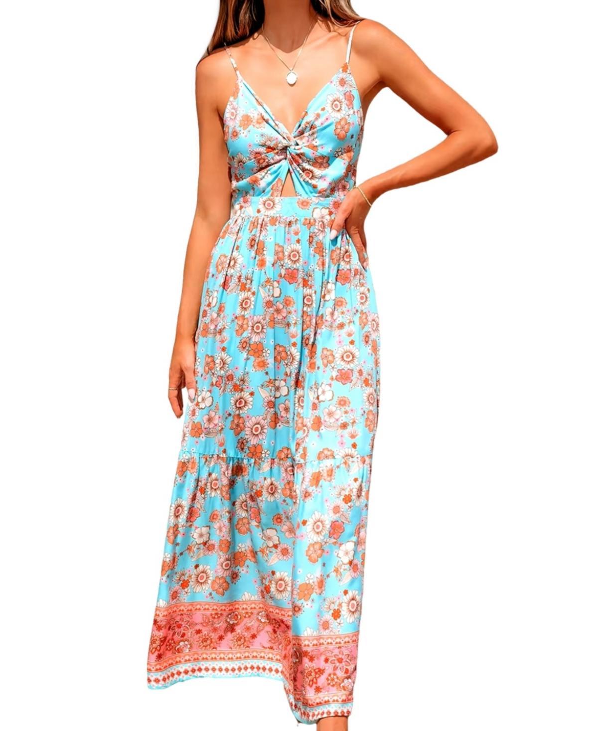 Cupshe Womens Boho Floral Sweetheart Twist & Keyhole Maxi Beach Dress - Light Product Image