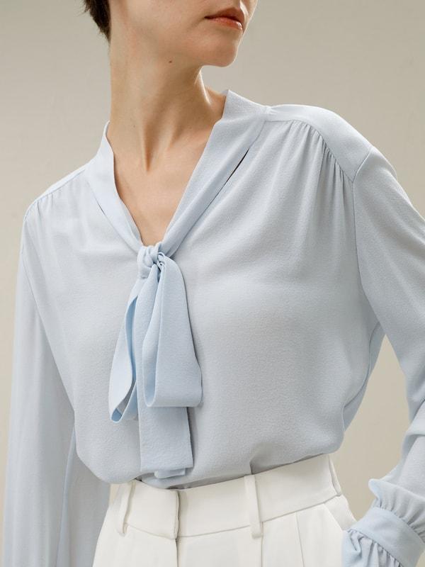 Silk V-neck Ribbon Blouse Product Image