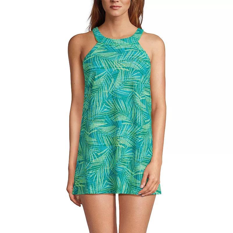 Womens Lands End UPF 50 High Neck One-Piece Swim Dress Green Stipple Palm Product Image