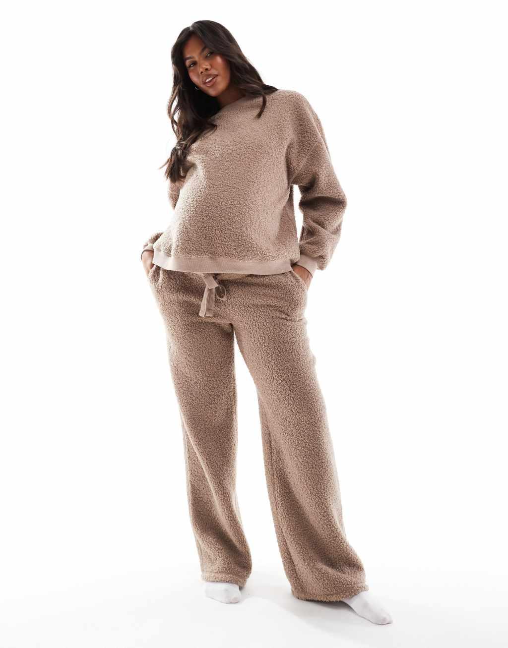 ASOS DESIGN Maternity lounge borg sweatshirt & wide leg pants set in taupe Product Image