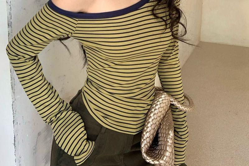 Long-Sleeve Off-Shoulder Striped Slim-Fit Top Product Image