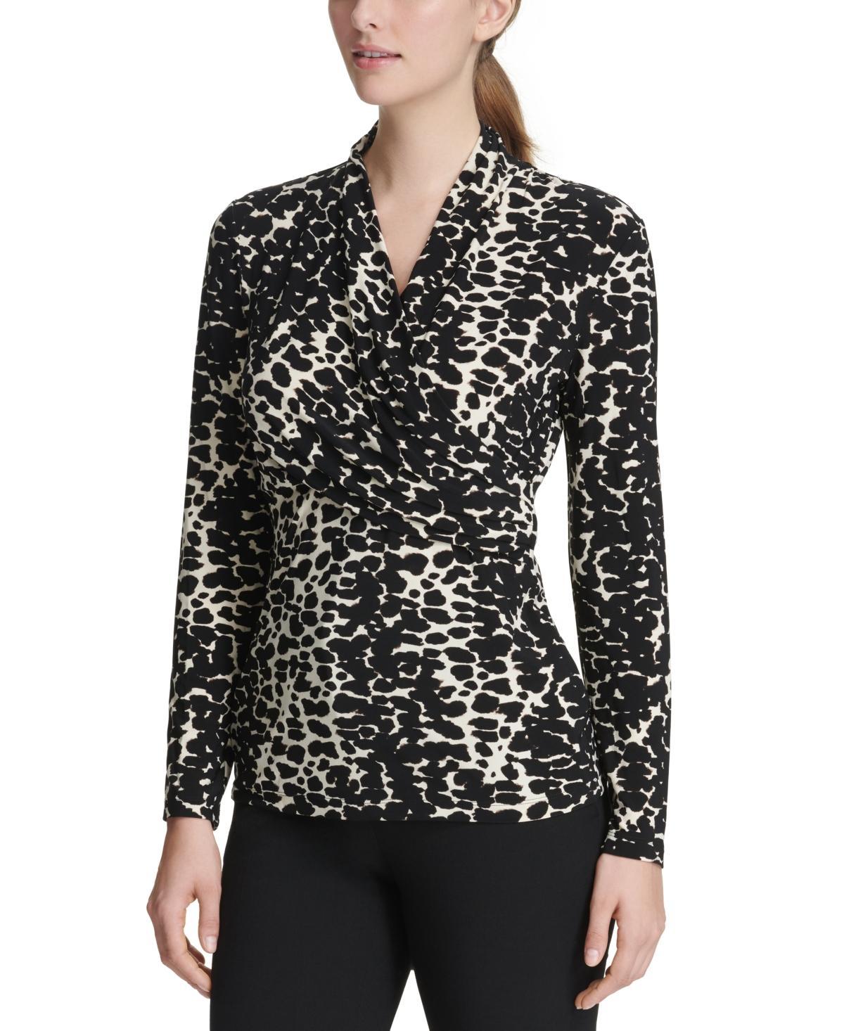 DKNY Womens Abstract Print Surplice Wrap Top - Black Product Image