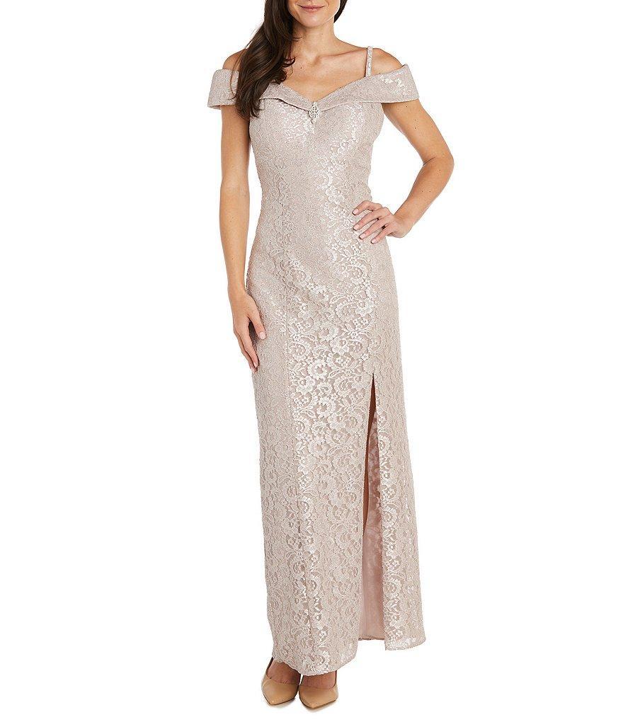 R & M Richards Sleeveless Off-The-Shoulder Rhinestone Detail Sweetheart Neck Front Slit Lace Glitter Gown Product Image