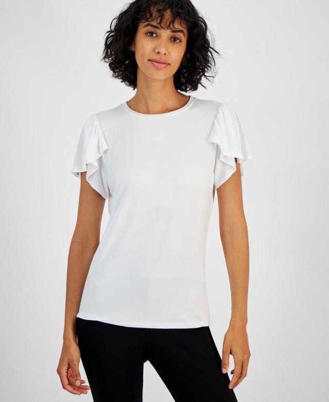 T Tahari Womens Crewneck Flutter-Sleeve Top Product Image