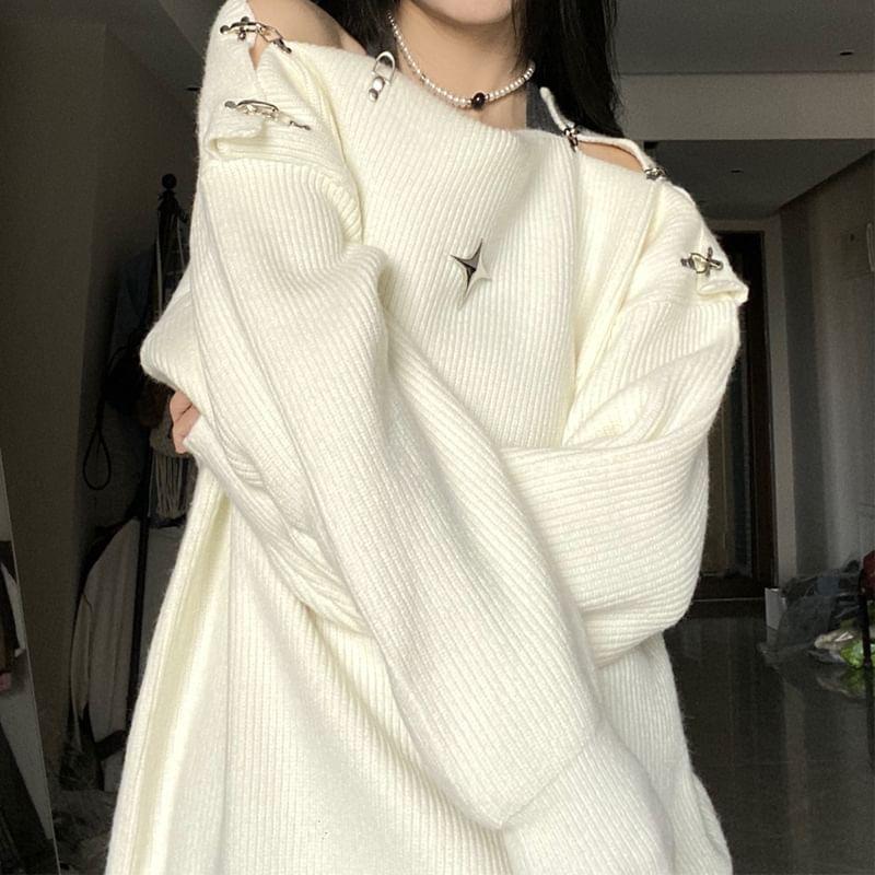 Long Sleeve Off Shoulder Star Print Oversized Sweater Product Image