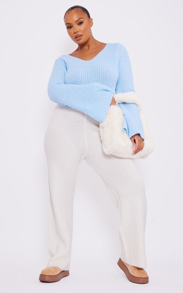 Plus Blue Brushed Knitted Cropped Sweater Product Image