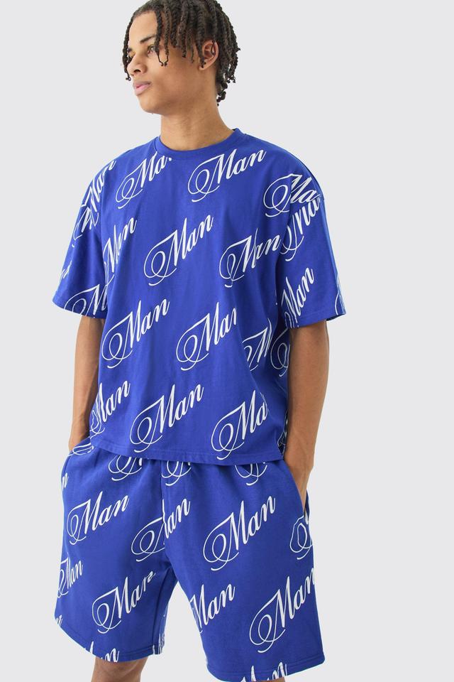 Mens Blue Limited Edition Script All Over Print Boxy Short Set, Blue Product Image