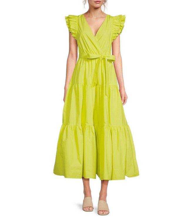 A Loves A Surplice V-Neck Short Ruffled Sleeve Tie Waist Tiered Maxi Dress Product Image