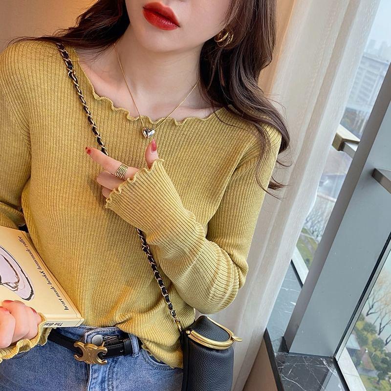 Long Sleeve Crew Neck Plain Ribbed Knit Top Product Image