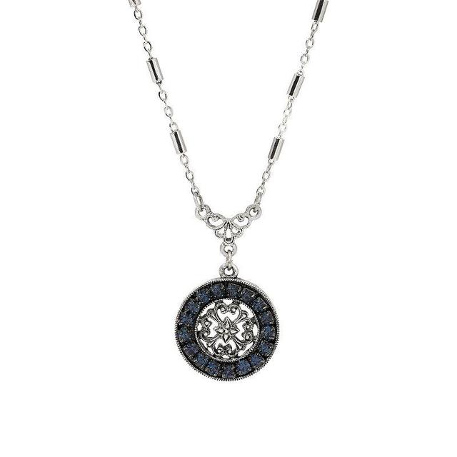 1928 Silver Tone Round Filigree Blue Crystal Pendant Necklace, Womens Product Image