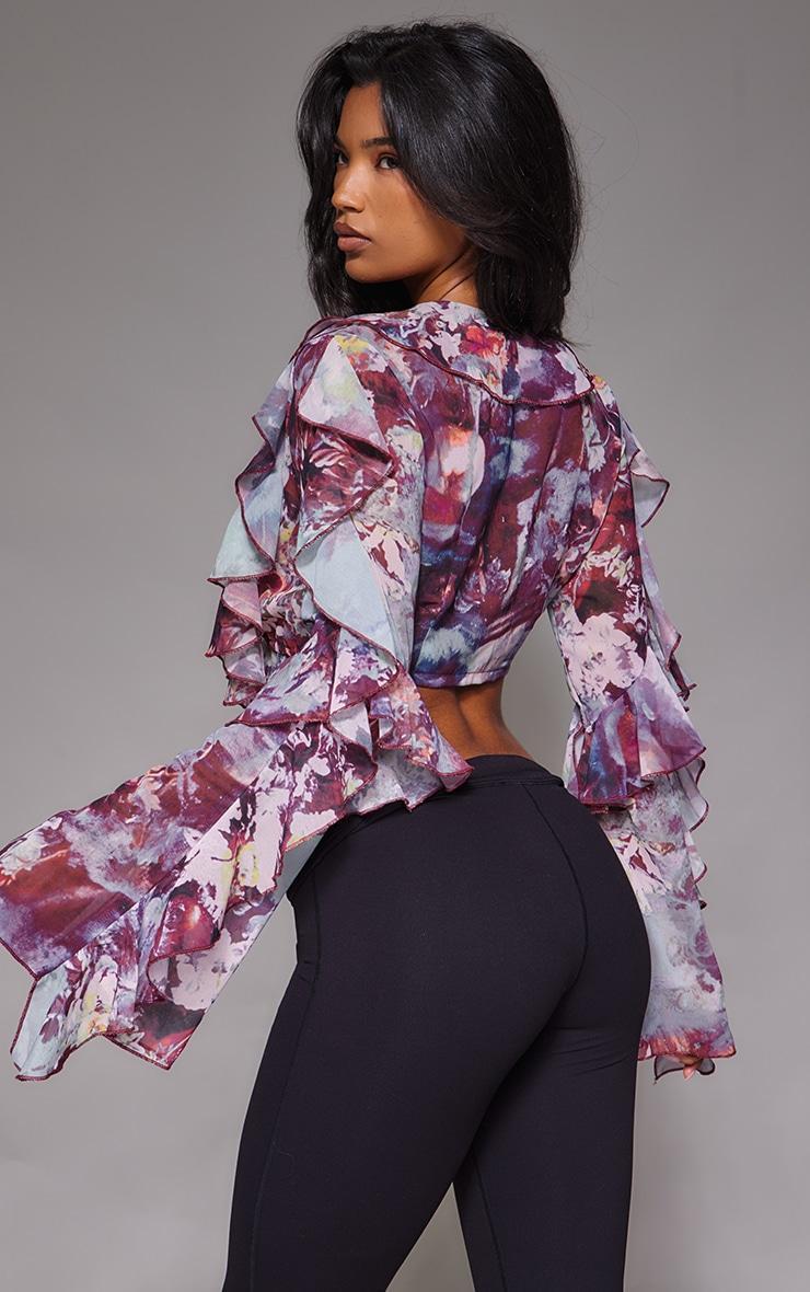 Purple Printed Sheer Woven Ruffle Tie Crop Blouse Product Image