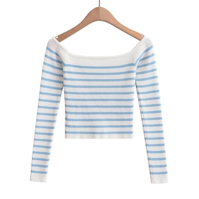 Long-Sleeve Boat Neck Striped Button Crop Knit Top Product Image