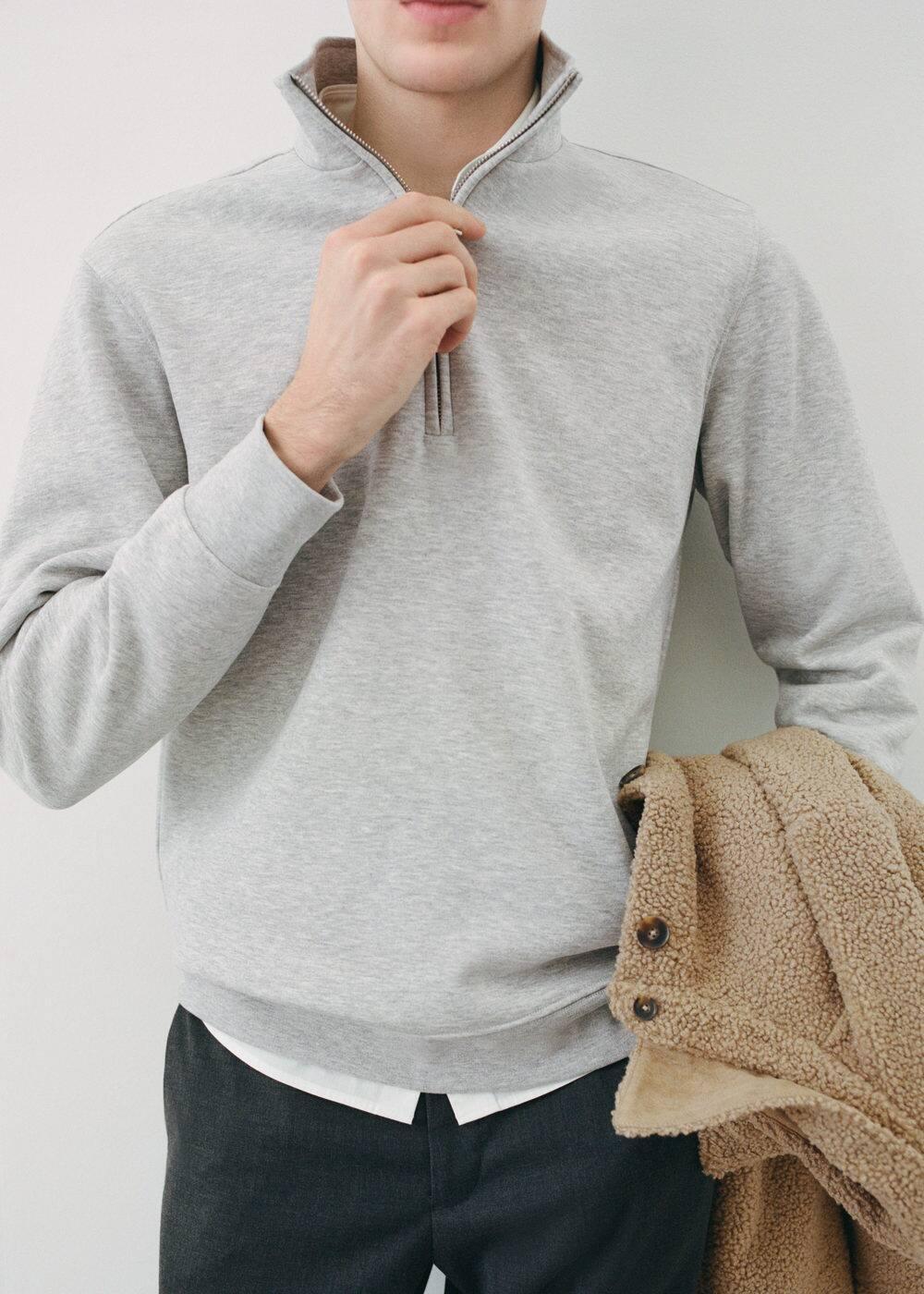 MANGO MAN - Cotton sweatshirt with zipper neck medium heather greyMen Product Image