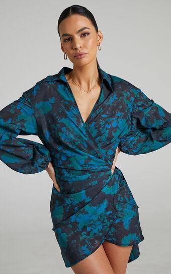 Mirski Mini Dress - Balloon Sleeve Wrap Dress in Jewel Blur Product Image