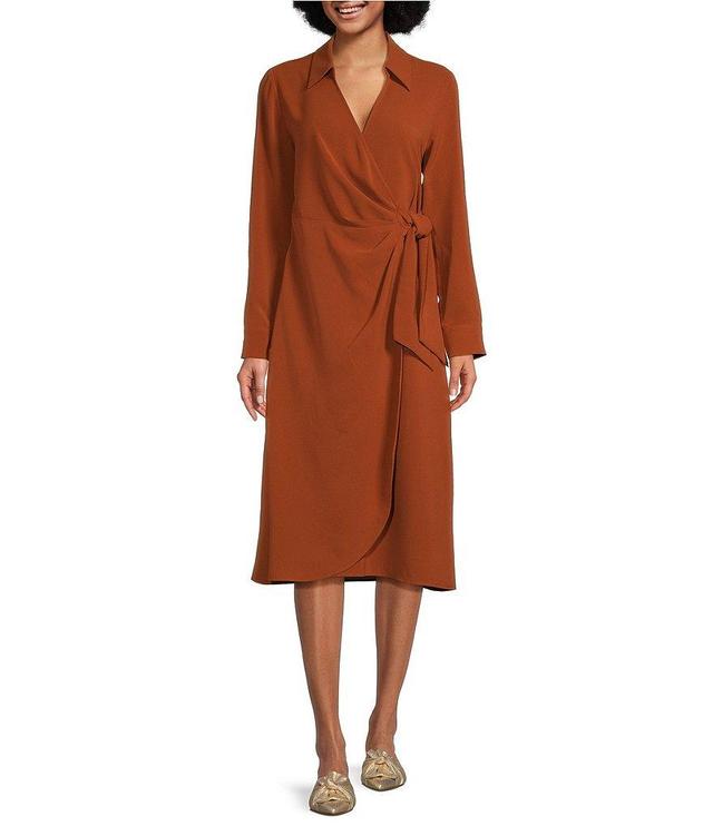 Alex Marie Caitlin Heavy Crepe de Chine Point Collar V-Neck Long Sleeve Front Tie Midi Dress Product Image