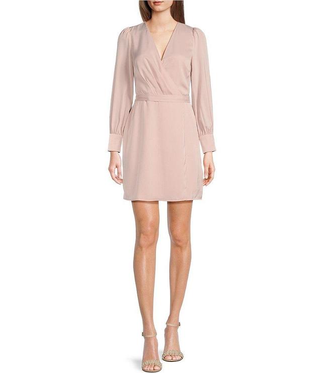 Adelyn Rae Satin Surplice V-Neck Long Sleeve Faux Wrap Mini Dress Product Image